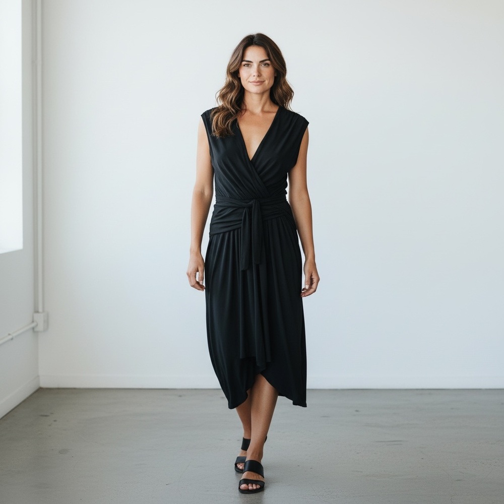 Norma Kamali Sleeveless Dress Tie Waist Stretchy Black Cocktail Career S…